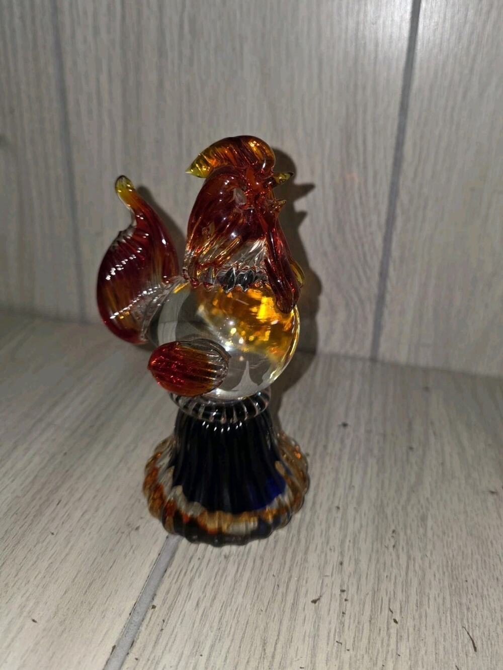 Vtg Art Glass Rooster Orange Auburn Cobalt Blue 6" Murano Style Collectable